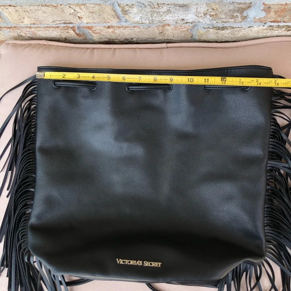 Victoria's Secret Black Fringe Drawstring Faux Leather Backpack